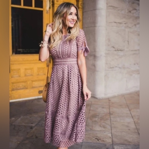 Ivy City Co Dresses & Skirts - Ivy City Co Vera Mauve And Nude Eyelet Lace Fit & Flare Midi Dress Size M